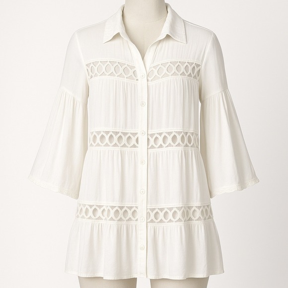 White 100% Cotton Crochet Lace Boho Tunic Bell Sleeve Shirt Fairy Festival Y2K - Picture 1 of 10